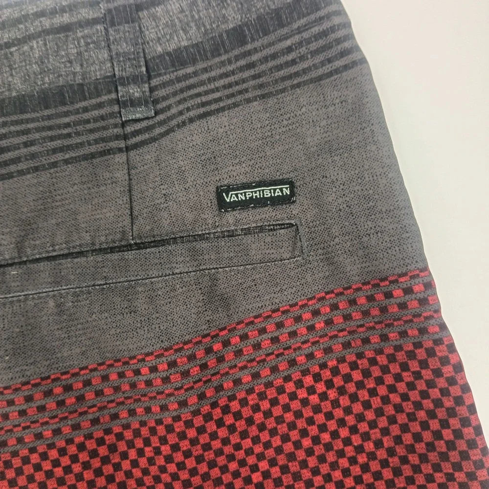 Vans Vanphibian Hybrid Board Shorts Mens 30 Grey Red Stripe Checkerboard Swim